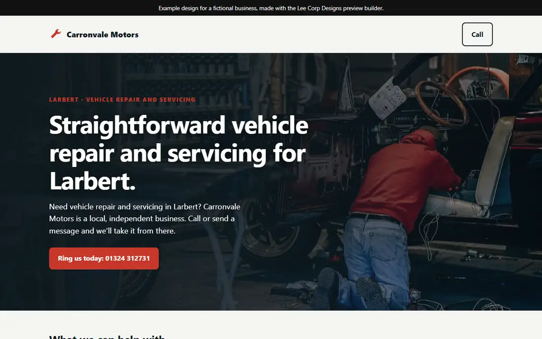 Example homepage design for a fictional garage on a laptop