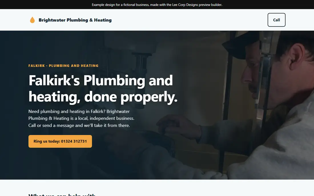 Example homepage design for a fictional plumber on a laptop